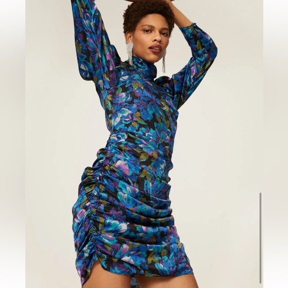 Ronny Kobo Silk Annika Puff Sleeve Dress Blue Floral Jacquard - Picture 1 of 5